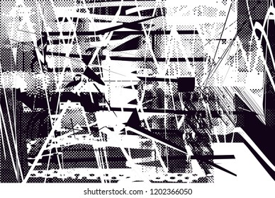 Distressed background in black and white texture with dots, spots, scratches and lines. Abstract vector illustration