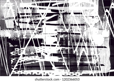 Distressed background in black and white texture with dots, spots, scratches and lines. Abstract vector illustration