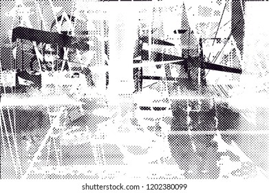 Distressed background in black and white texture with dots, spots, scratches and lines. Abstract vector illustration