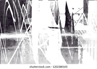 Distressed background in black and white texture with dots, spots, scratches and lines. Abstract vector illustration