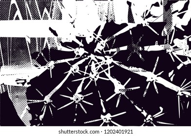 Distressed background in black and white texture with cacti, dots, spots, scratches and lines. Abstract vector illustration
