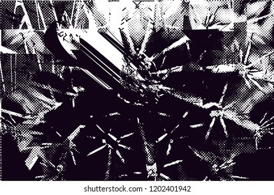 Distressed background in black and white texture with cacti, dots, spots, scratches and lines. Abstract vector illustration