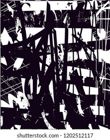 Distressed background in black and white texture with dots, spots, scratches and lines. Abstract vector illustration