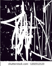 Distressed background in black and white texture with dots, spots, scratches and lines. Abstract vector illustration