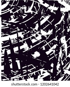 Distressed background in black and white texture with dots, spots, scratches and lines. Abstract vector illustration