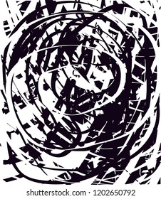 Distressed background in black and white texture with dots, spots, scratches and lines. Abstract vector illustration