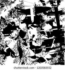 Distressed background in black and white texture with dots, spots, scratches and lines. Abstract vector illustration