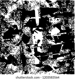 Distressed background in black and white texture with dots, spots, scratches and lines. Abstract vector illustration