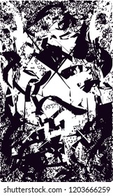 Distressed background in black and white texture with dots, spots, scratches and lines. Abstract vector illustration