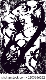 Distressed background in black and white texture with dots, spots, scratches and lines. Abstract vector illustration