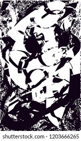 Distressed background in black and white texture with dots, spots, scratches and lines. Abstract vector illustration