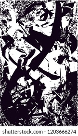 Distressed background in black and white texture with dots, spots, scratches and lines. Abstract vector illustration
