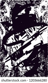 Distressed background in black and white texture with dots, spots, scratches and lines. Abstract vector illustration