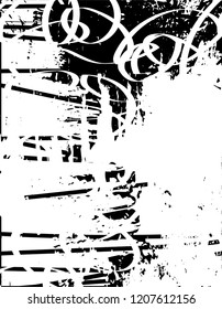 Distressed background in black and white texture with dots, spots, scratches and lines. Abstract vector illustration