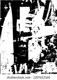 Distressed background in black and white texture with dots, spots, scratches and lines. Abstract vector illustration