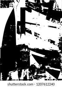 Distressed background in black and white texture with dots, spots, scratches and lines. Abstract vector illustration
