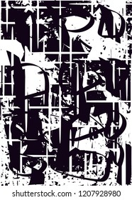 Distressed background in black and white texture with dots, spots, scratches and lines. Abstract vector illustration