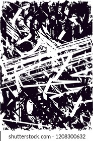 Distressed background in black and white texture with dots, spots, scratches and lines. Abstract vector illustration