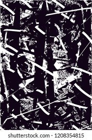 Distressed background in black and white texture with dots, spots, scratches and lines. Abstract vector illustration
