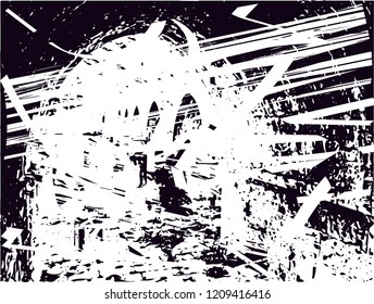 Distressed background in black and white texture with dots, spots, scratches and lines. Abstract vector illustration
