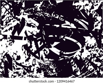 Distressed background in black and white texture with dots, spots, scratches and lines. Abstract vector illustration