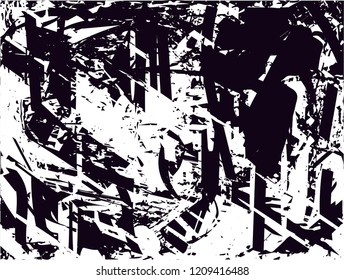 Distressed background in black and white texture with dots, spots, scratches and lines. Abstract vector illustration