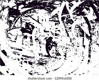 Distressed background in black and white texture with dots, spots, scratches and lines. Abstract vector illustration