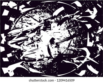 Distressed background in black and white texture with dots, spots, scratches and lines. Abstract vector illustration