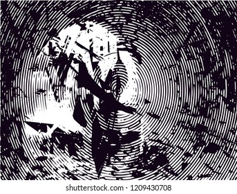 Distressed background in black and white texture with dots, spots, scratches and lines. Abstract vector illustration