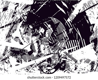 Distressed background in black and white texture with dots, spots, scratches and lines. Abstract vector illustration