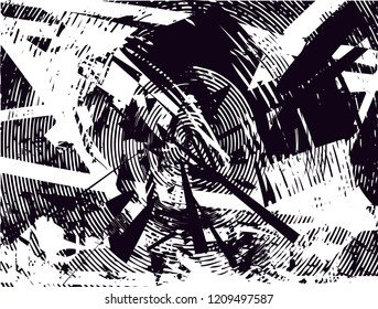 Distressed background in black and white texture with dots, spots, scratches and lines. Abstract vector illustration