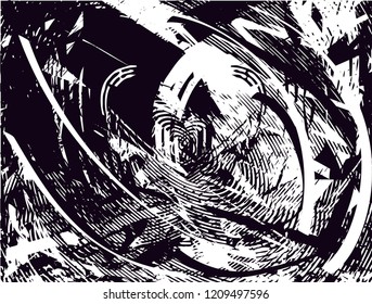 Distressed background in black and white texture with dots, spots, scratches and lines. Abstract vector illustration
