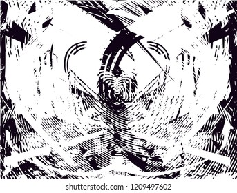 Distressed background in black and white texture with dots, spots, scratches and lines. Abstract vector illustration