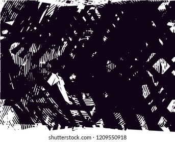 Distressed background in black and white texture with dots, spots, scratches and lines. Abstract vector illustration