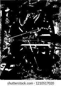 Distressed background in black and white texture with dots, spots, scratches and lines. Abstract vector illustration