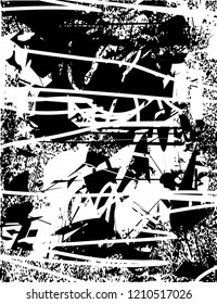 Distressed background in black and white texture with dots, spots, scratches and lines. Abstract vector illustration