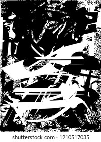 Distressed background in black and white texture with dots, spots, scratches and lines. Abstract vector illustration