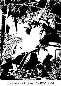 Distressed background in black and white texture with dots, spots, scratches and lines. Abstract vector illustration