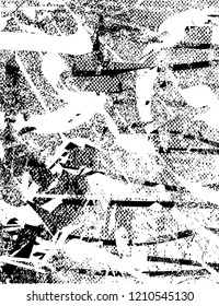 Distressed background in black and white texture with nets
dots, spots, scratches and lines. Abstract vector illustration