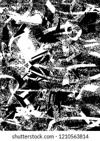 Distressed background in black and white texture with dots, spots, scratches and lines. Abstract vector illustration