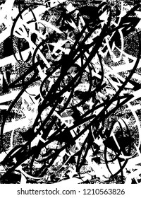 Distressed background in black and white texture with dots, spots, scratches and lines. Abstract vector illustration