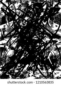 Distressed background in black and white texture with dots, spots, scratches and lines. Abstract vector illustration