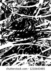 Distressed background in black and white texture with dots, spots, scratches and lines. Abstract vector illustration