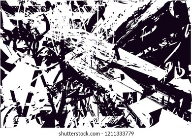 Distressed background in black and white texture with dots, spots, scratches and lines. Abstract vector illustration