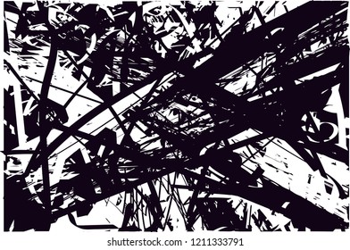 Distressed background in black and white texture with dots, spots, scratches and lines. Abstract vector illustration
