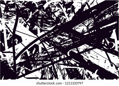 Distressed background in black and white texture with dots, spots, scratches and lines. Abstract vector illustration