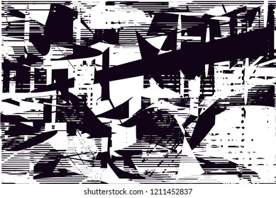 Distressed background in black and white texture with dots, spots, scratches and lines. Abstract vector illustration