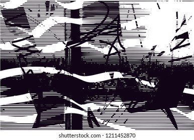 Distressed background in black and white texture with dots, spots, scratches and lines. Abstract vector illustration