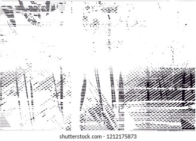 Distressed background in black and white texture with dots, spots, scratches and lines. Abstract vector illustration