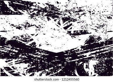 Distressed background in black and white texture with dots, spots, scratches and lines. Abstract vector illustration